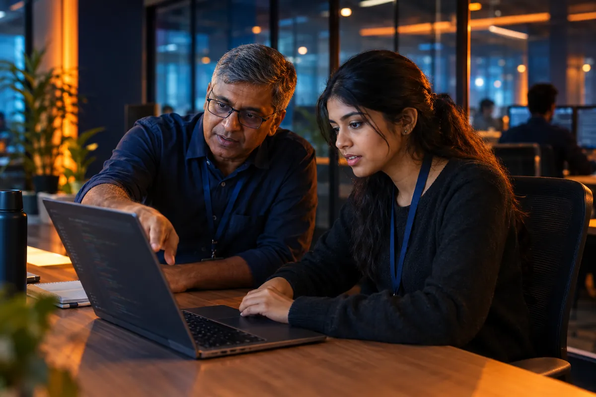 One-on-one code review during a Full Stack internship