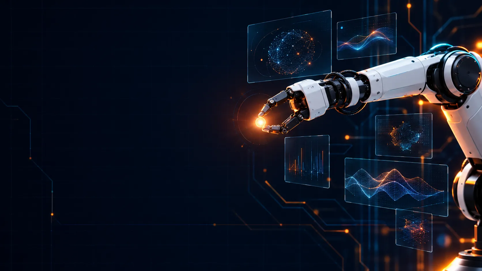 Robotic arm interacting with floating holographic analytics panels