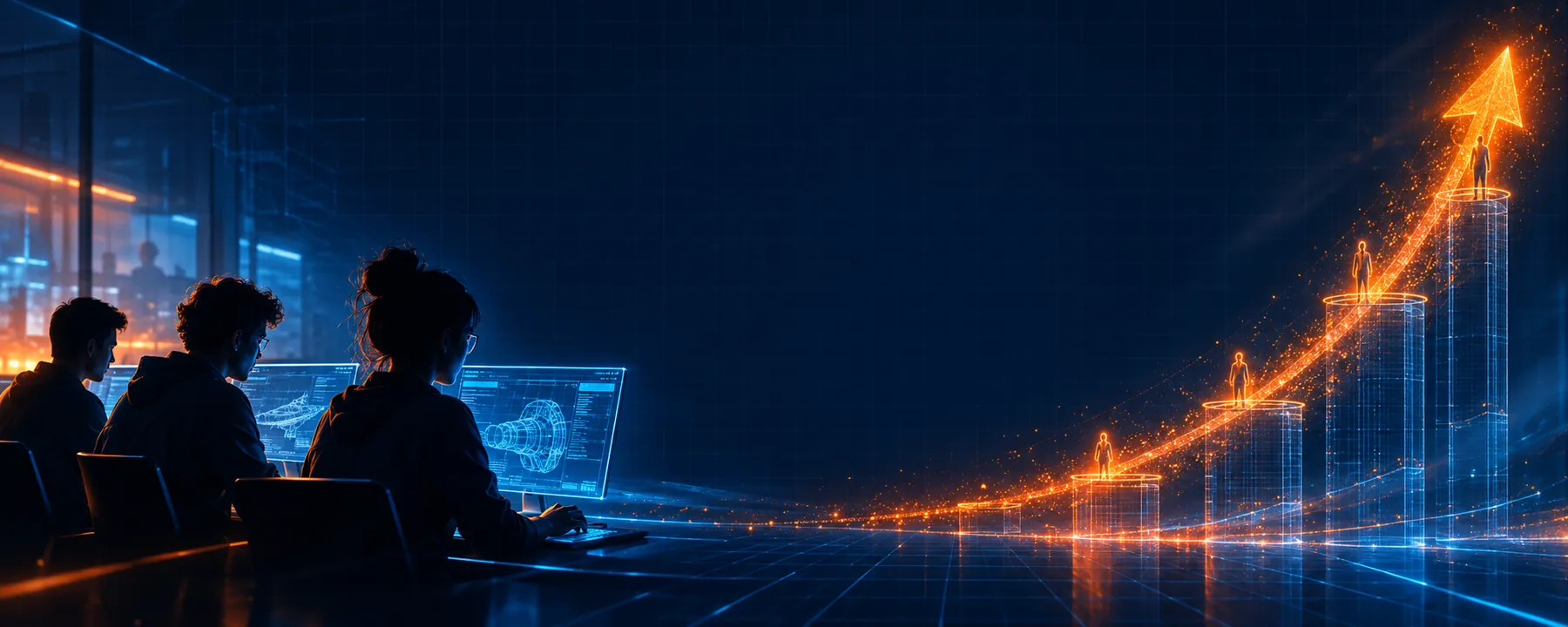 Interns working at glowing terminals beside a rising holographic growth curve
