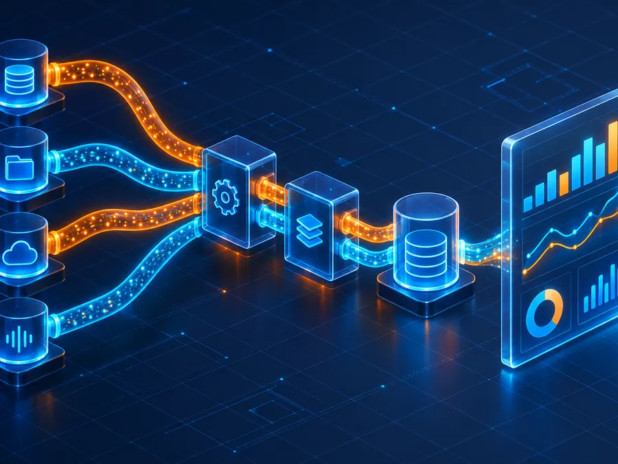 Isometric ETL pipeline feeding a glowing analytics panel