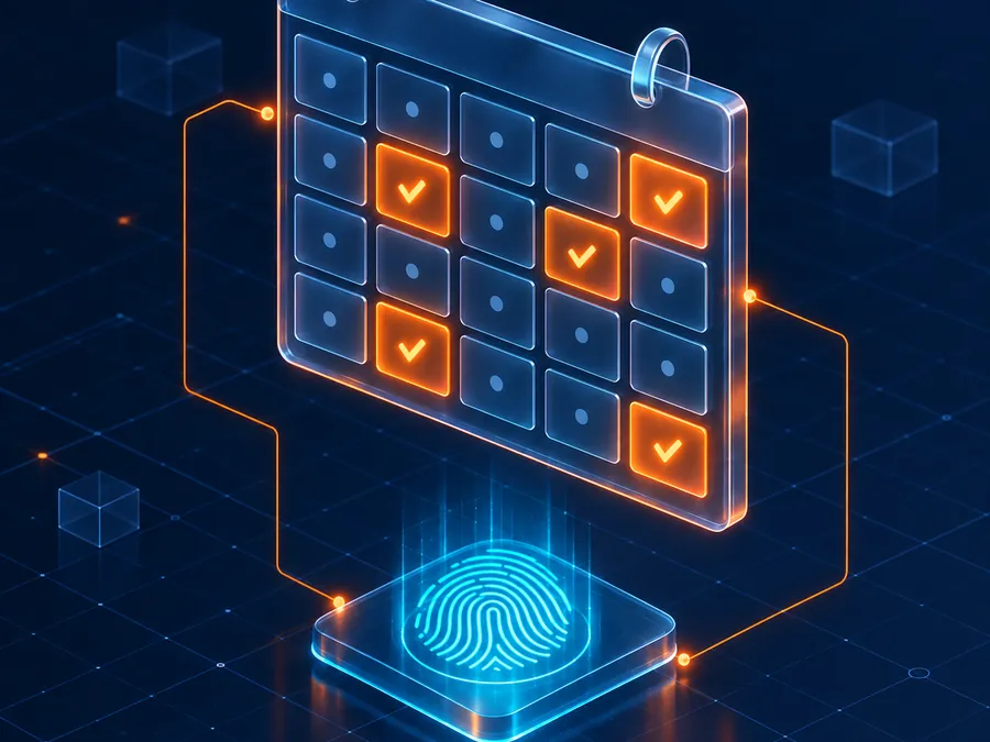 Isometric calendar panel with attendance marks above a fingerprint scanner