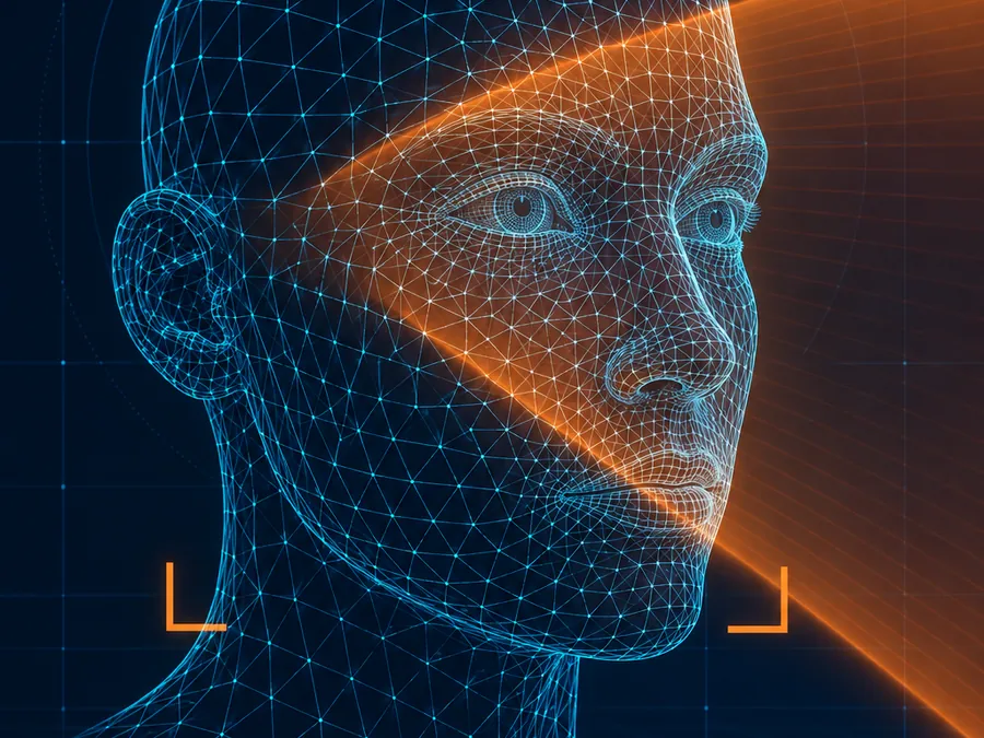 Wireframe face mesh scanned by an orange recognition beam