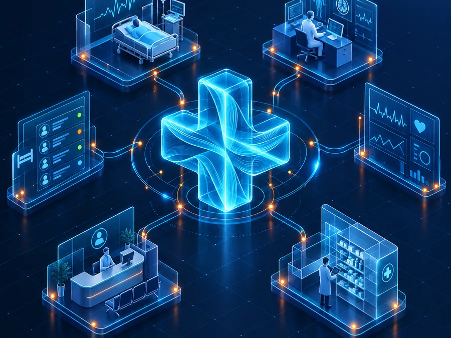 Isometric illustration of hospital modules around a glowing medical cross