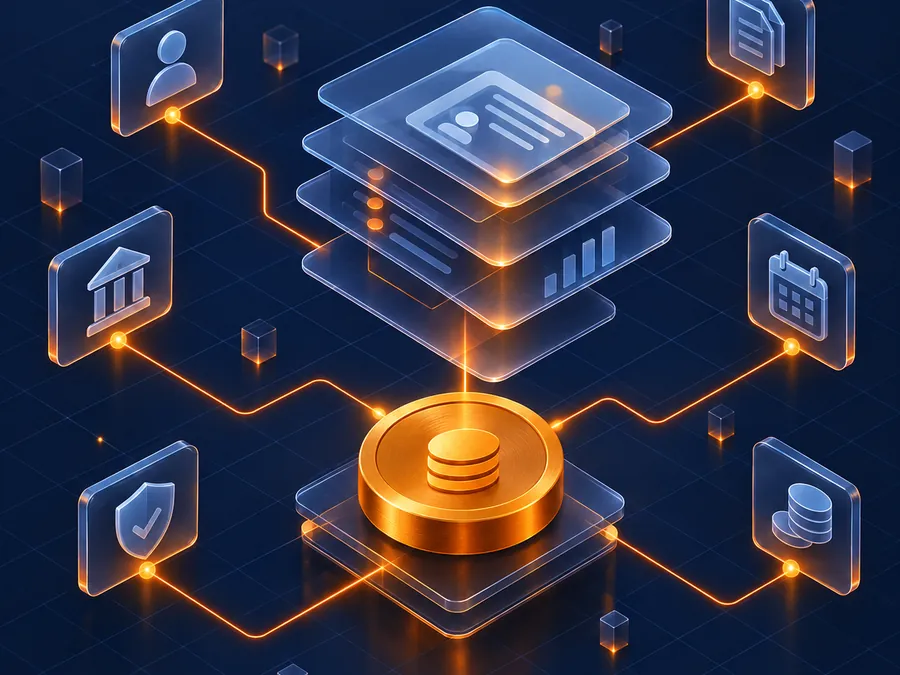Isometric illustration of layered loan records connected to a gold coin