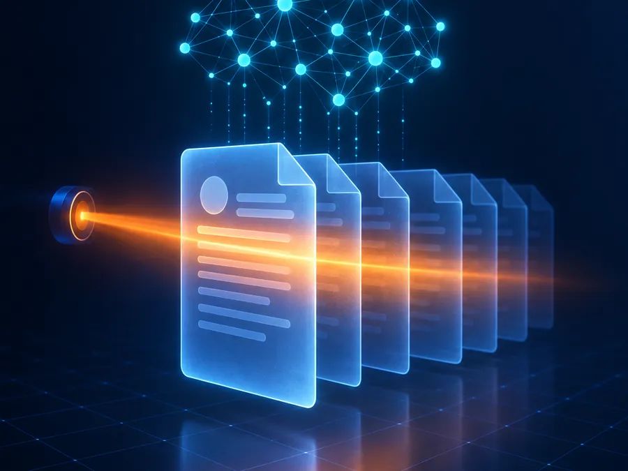 Glowing document stack scanned by an orange laser beam under a neural network