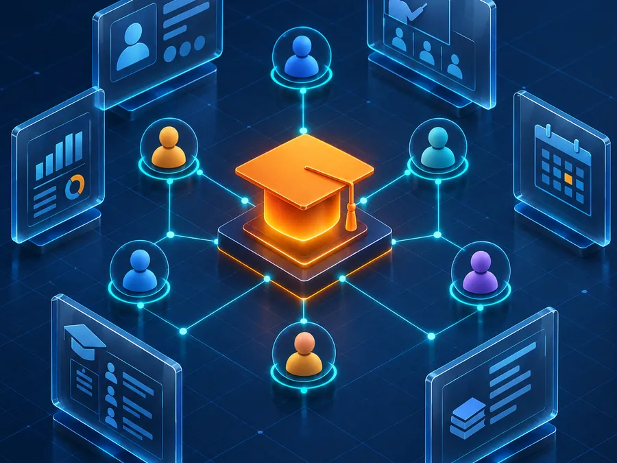 Isometric student records network around a glowing graduation cap
